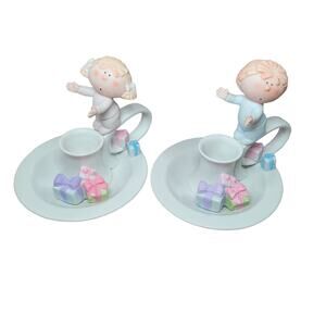 Candlestick Holder Bumpkins Boy Girl Porcelain Figurines Baby Shower Decor Gift